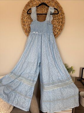 Oli & Hali Light Blue Eyelet Smocked One-Piece Jumpsuit